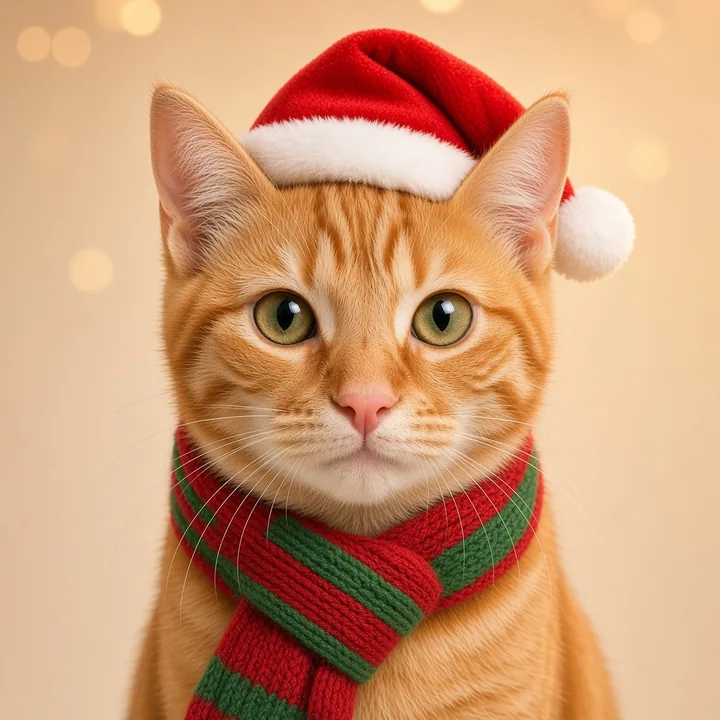 Cat christmas photo with Santa hat and cozy scarf