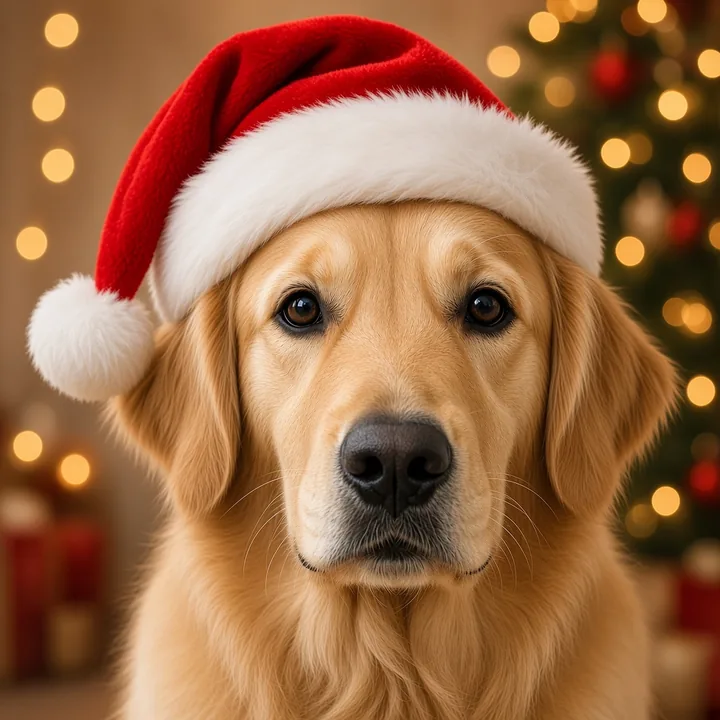 Golden retriever santa hat pet photo — Classic Santa after